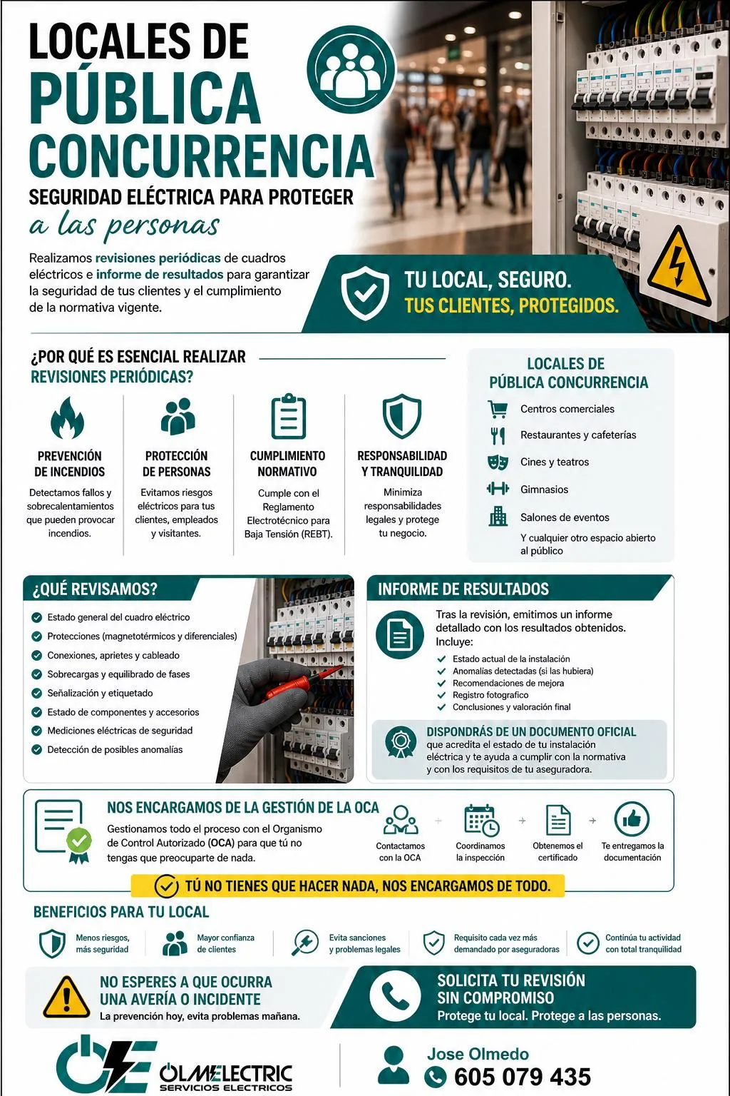 Infografía de seguridad eléctrica en locales de pública concurrencia — revisión e informe de OLMELECTRIC